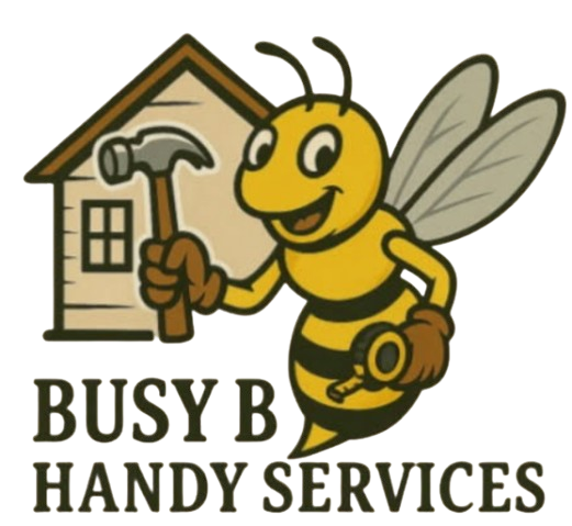 Busy b handy services logo with a bee holding a hammer