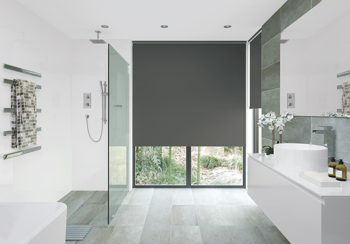 A Bathroom With A Walk In Shower And A Sink — Huntlee Blinds and Shutters in Shellharbour, NSW