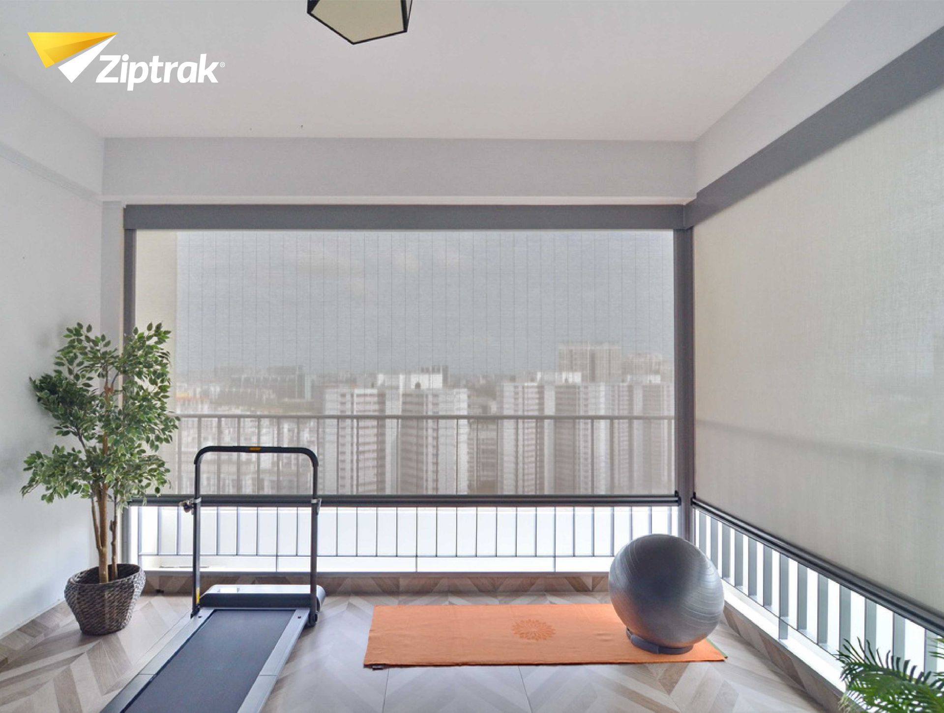 A room with a treadmill and a yoga mat and a sign that says ziptrak  — Huntlee Blinds and Shutters in Badagarang, NSW