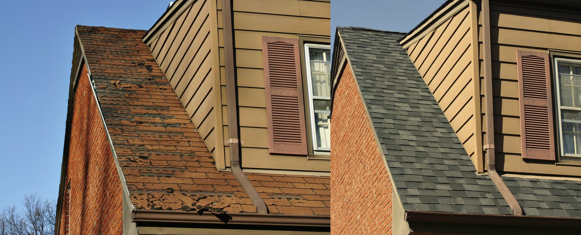 before and after photo of roof with dormer