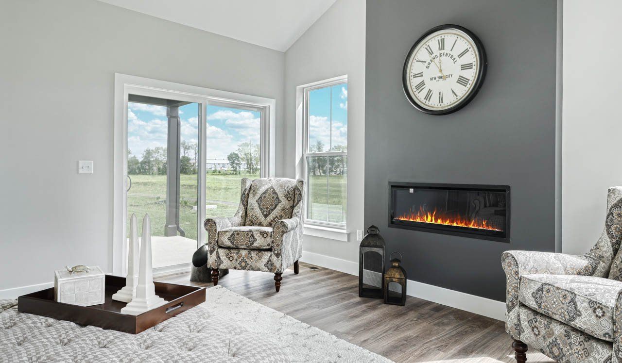 Electric fire place featured in our Avery townhome model