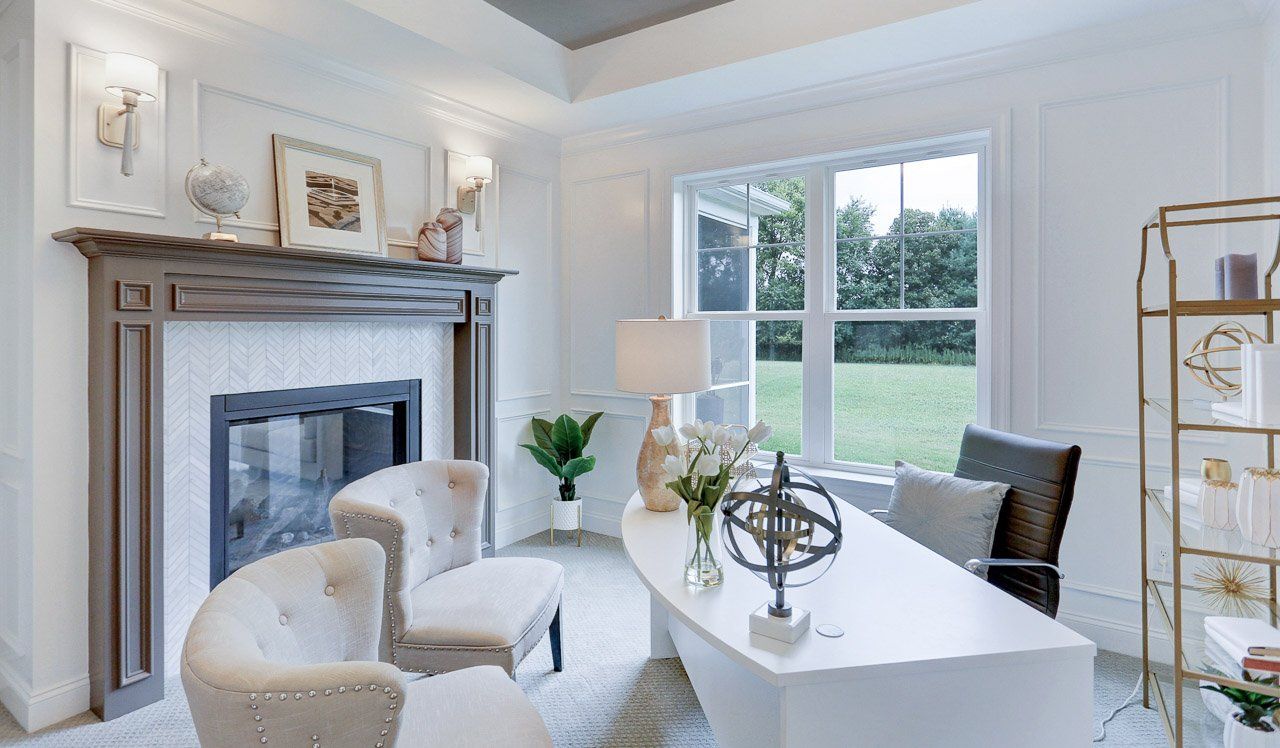 See Through Gas Fireplace in at home office in new home by Landmark Homes of PA