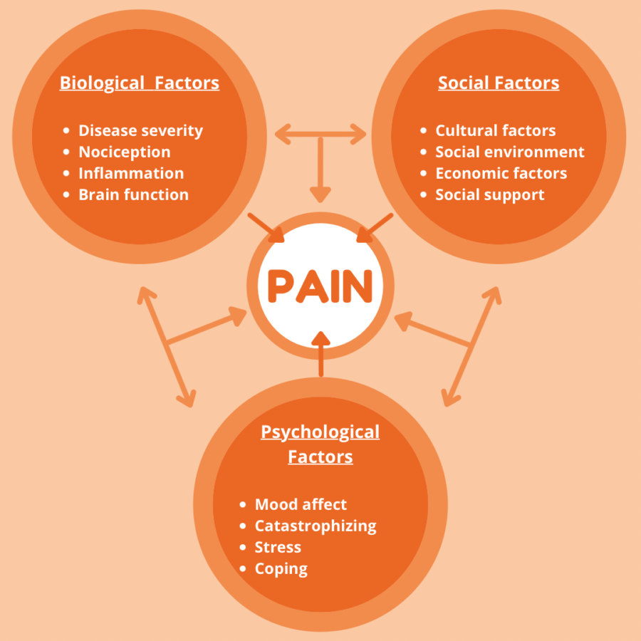 Diagram of pain with biological, psychological, and social factors in orange circles