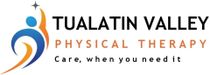 Tualatin Valley Physical Therapy logo with abstract blue and orange figure and tagline “Care, when you need it.”