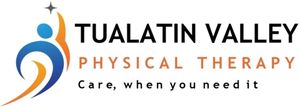 Tualatin Valley Physical Therapy logo with abstract blue and orange figure and tagline “Care, when you need it.”
