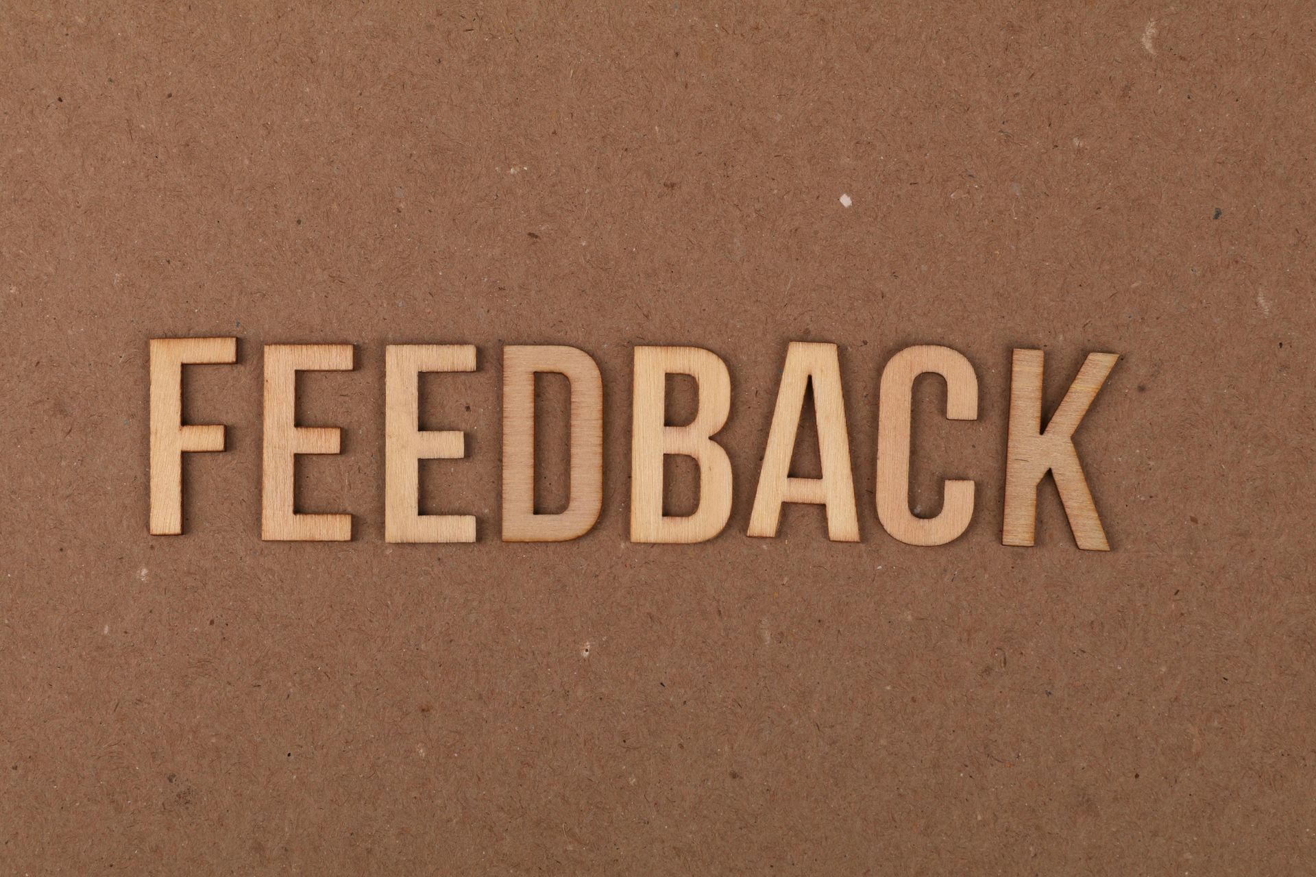 The word “FEEDBACK” in raised tan letters on a brown background.