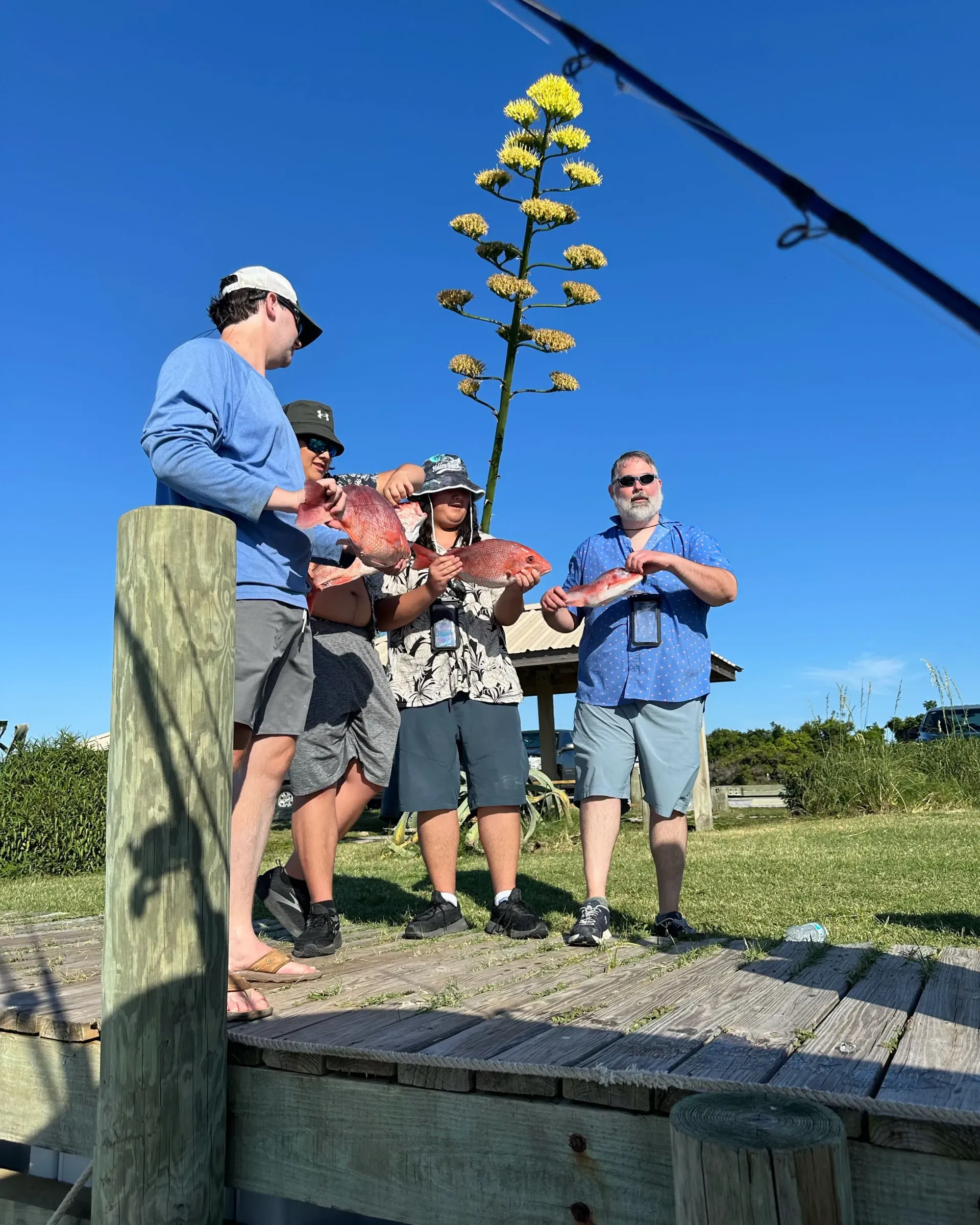 A group of men are standing on a dock holding fishing rods.