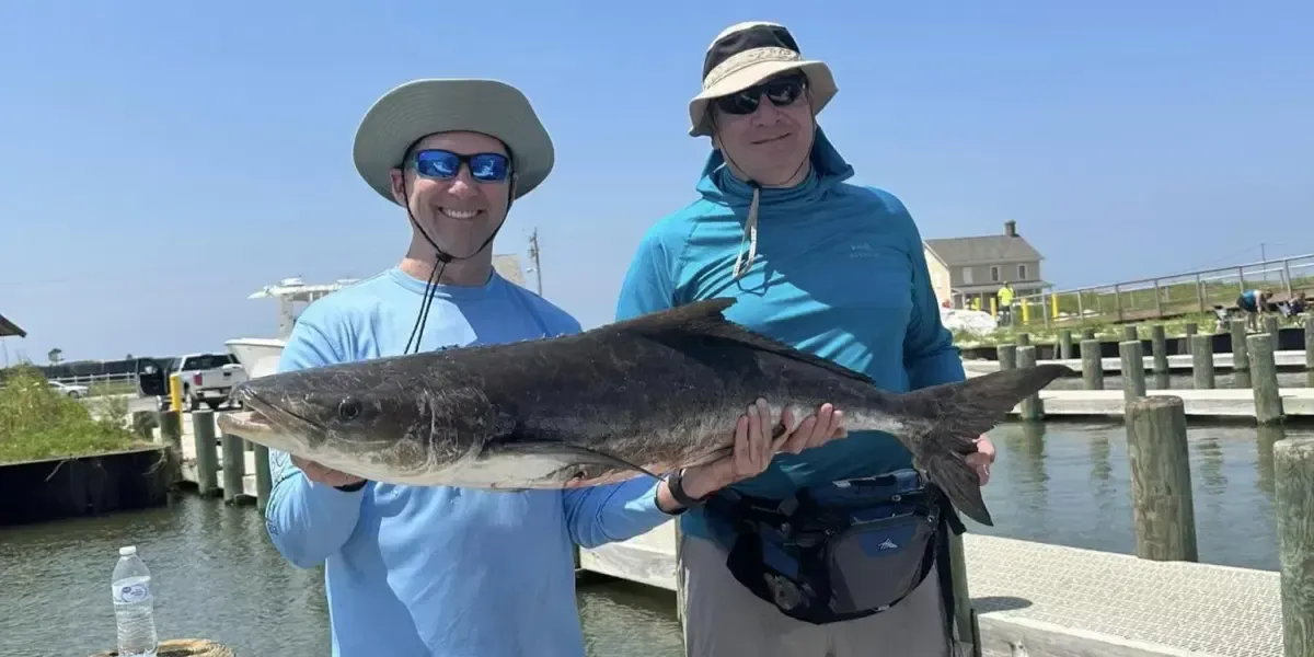 Two men are holding a large fish on a dock.