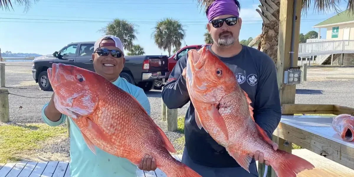 Two men are holding two large red fish in their hands.
