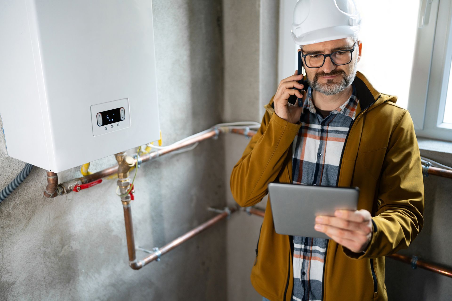 A skilled technician wearing a hard hat inspects a gas water heater, using a tablet for diagnostics.