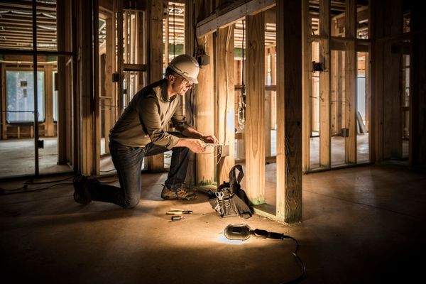 A man is kneeling down in a building under construction.