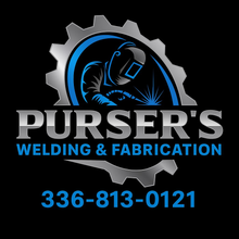 Logo for Purser's Welding & Fabrication. Features a welder in a blue and silver gear, with contact info.