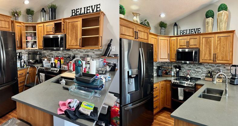 Side-by-side kitchen scenes: before and after cleaning. Cluttered counter vs. clean and organized, with wood cabinets.