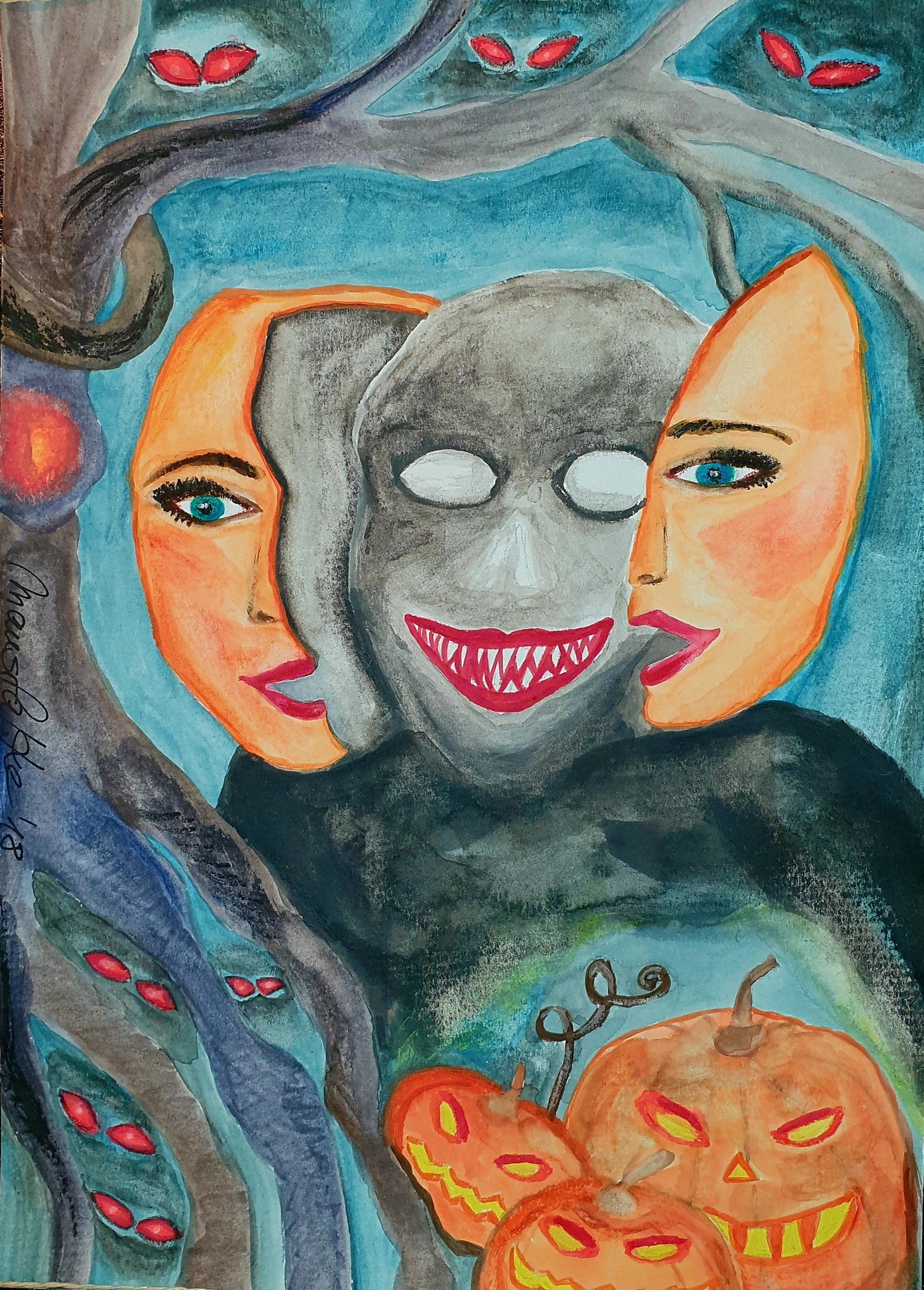 Halloween, Maske, Aquarell, Malerei, Kunst, zweites Gesicht, Surrealismus, surreal, Zeitgenössische Kunst, gruselige Kunst