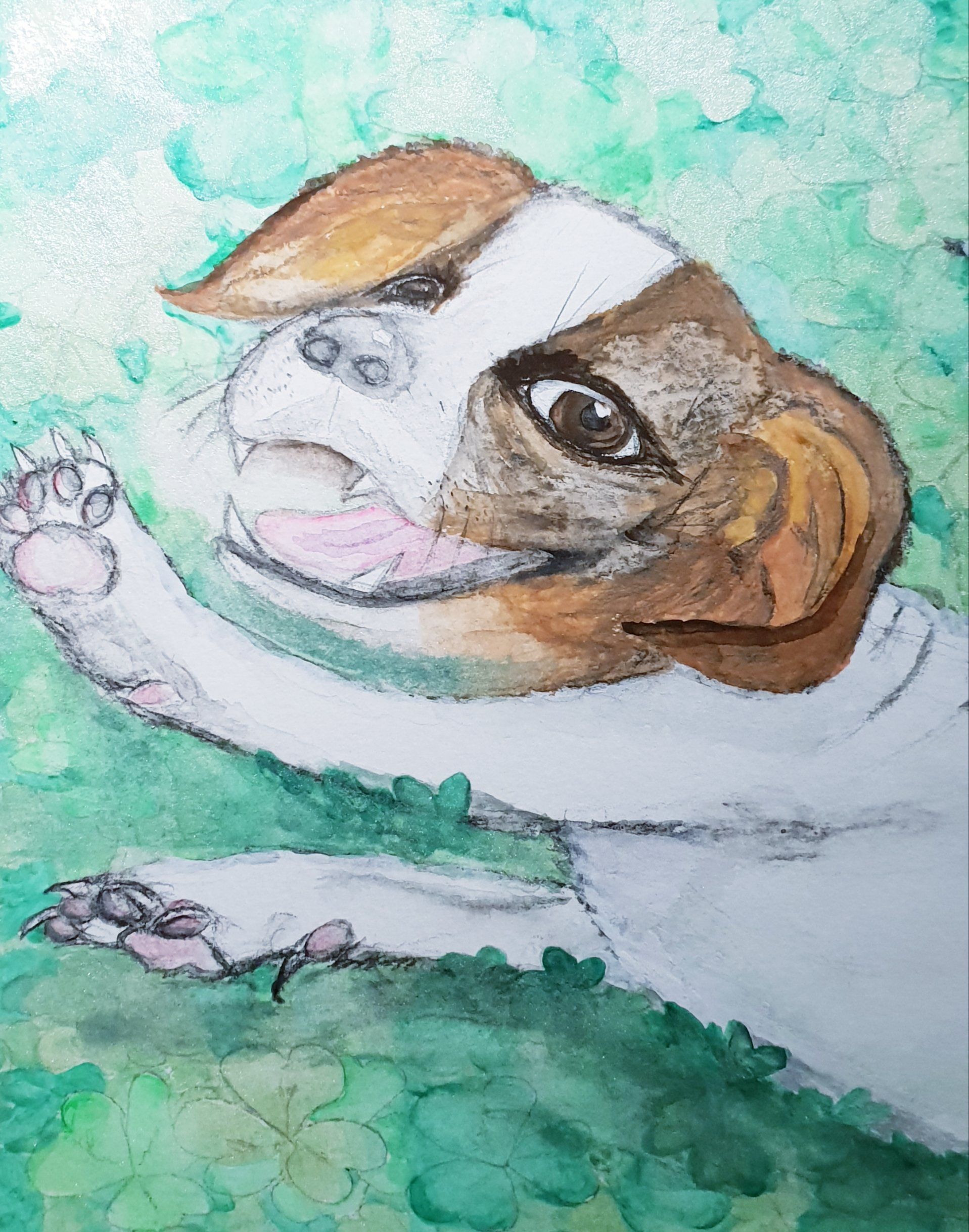Jack-Russell-Terrier gemalt, Aquarellfarben, Hundewelpe im Klee, Kunst, Malerei