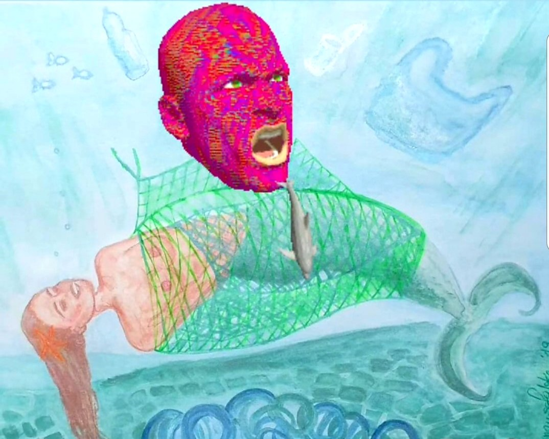 Meerjungfrau im Meermüll, Müll im Meer, Plastikmüll in den Weltmeeren, Umweltverschmutzung, Geisternetze im Meer, Mikroplastik im Meer, Plastiktüten im Meer, Meerestiere verfangen sich im Plastikmüll, in Fischernetz verfangen, Zeitgenössische Kunst, Malerei, Künstlerin, Umweltverschmutzung