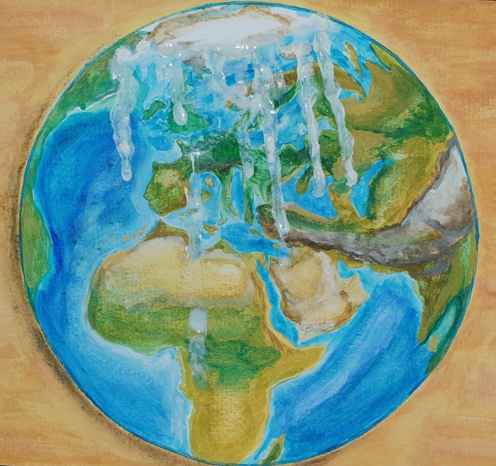 Erde, Weltkugel, Klimawandel, Nordpol, Eis schmilzt, Aquarellmalerei, Kunst, Zeitgenössische Kunst