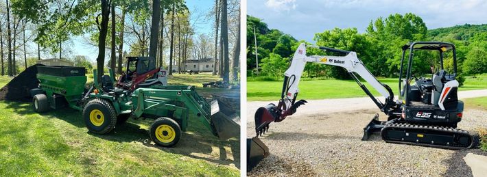 A john deere tractor is parked next to a bobcat excavator.