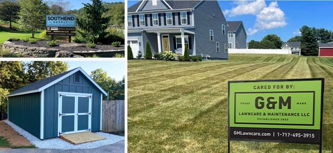 A collage of pictures of a house , a shed , and a sign that says g & m