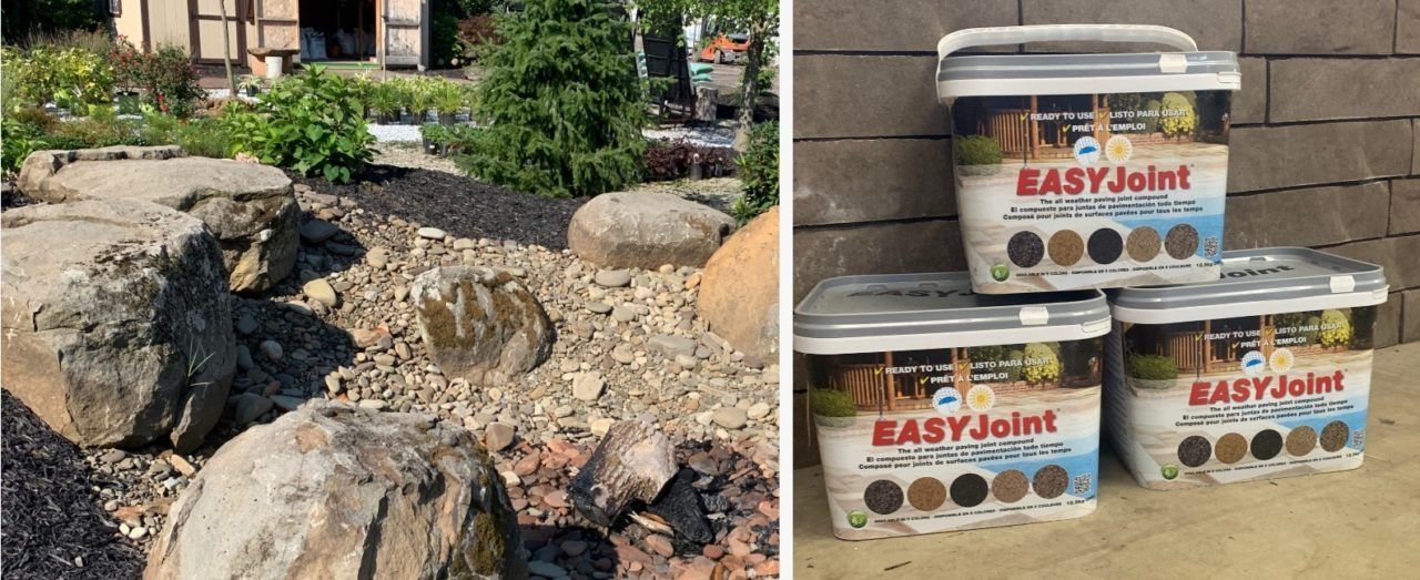A before and after picture of a rock wall and three buckets of easy joint.