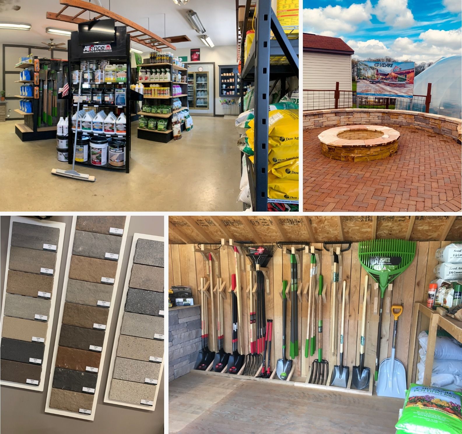 A collage of pictures of a store including a fire pit