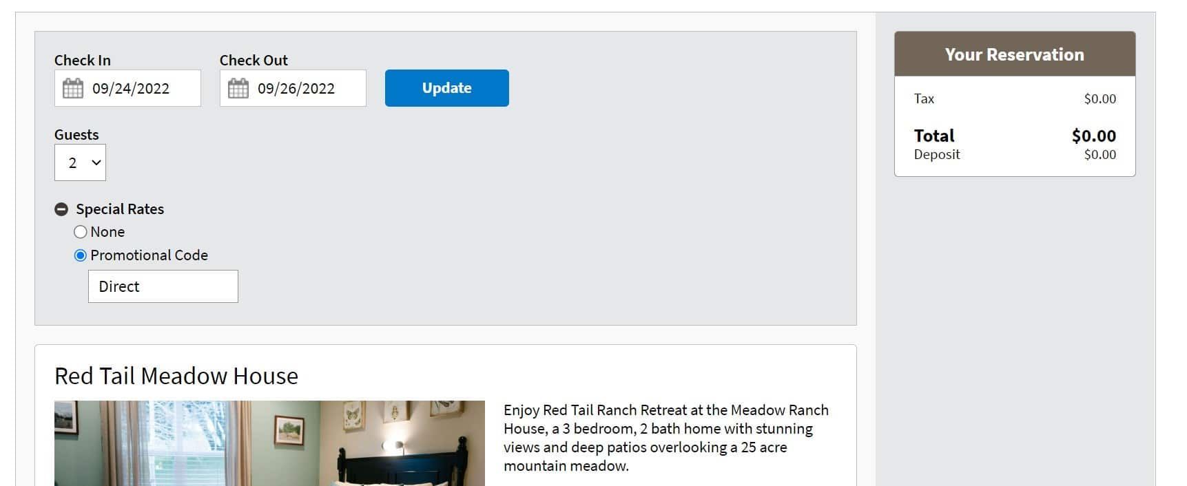 A screenshot of a hotel reservation page with a picture of a bedroom