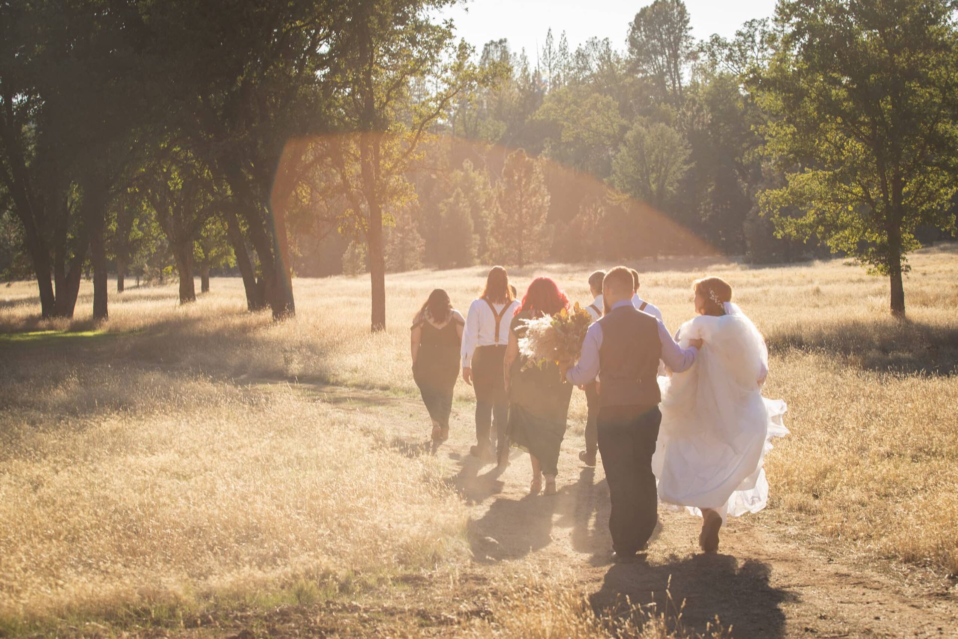 A bride and groom are walking through a field with their wedding party.