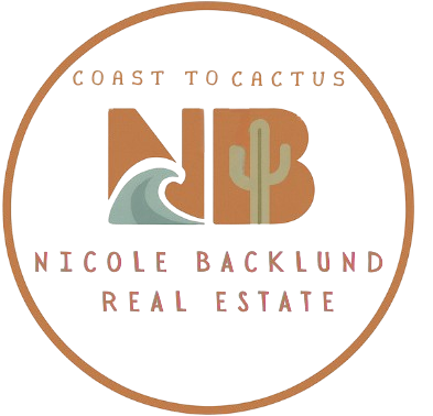 Logo for Nicole Backlund Real Estate. Brown circle, "Coast to Cactus", "NB" with wave and cactus, name below.
