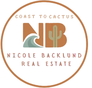 Logo for Nicole Backlund Real Estate. Brown circle, "Coast to Cactus", "NB" with wave and cactus, name below.