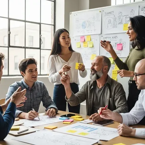 Team brainstorming around a table, whiteboard in background with sticky notes.