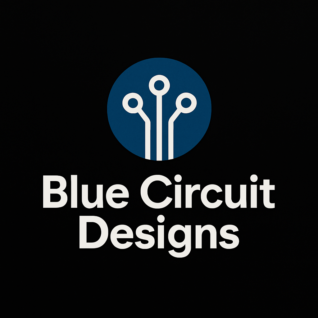 Logo for Blue Circuit Designs: Blue circle with white circuit design and white text on black background.