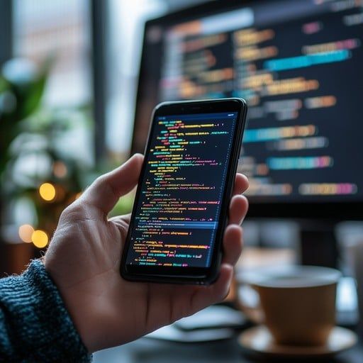 Hand holding phone displaying colorful code, with a computer screen also displaying code in the background.