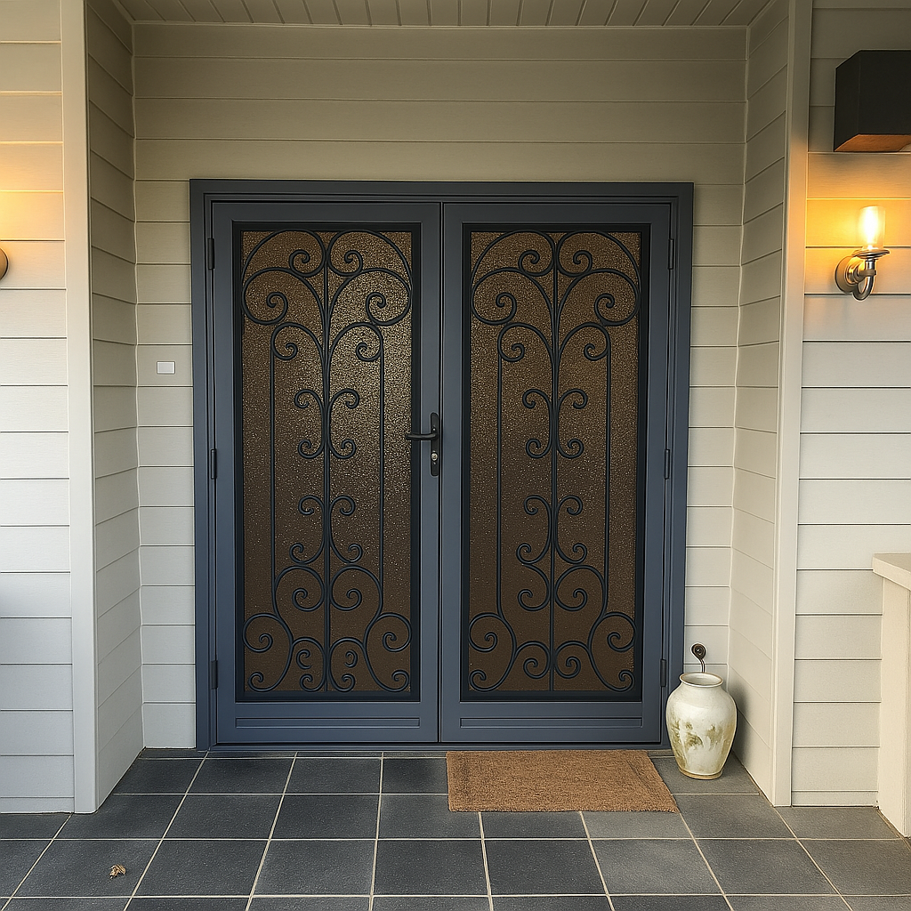 Contemporary double security screen doors on a home