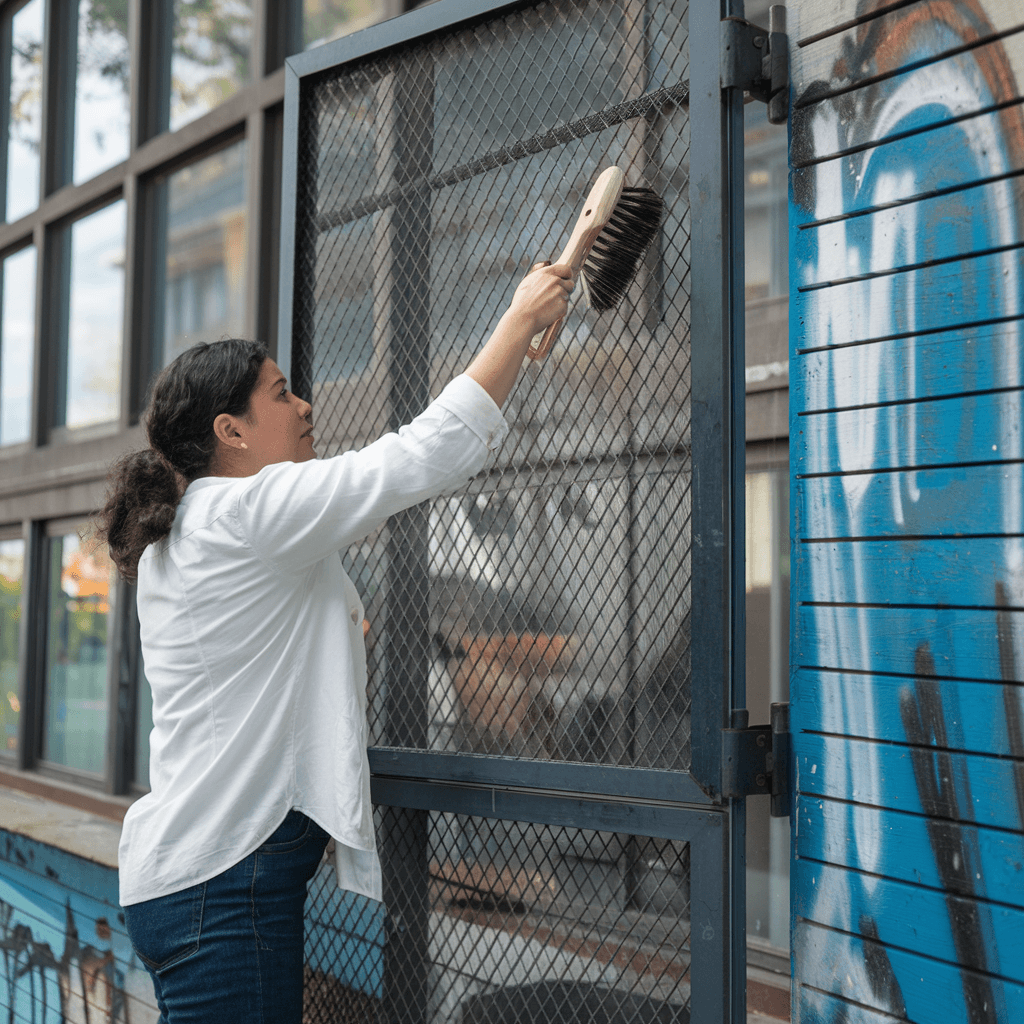 a woman cleaning a security screen door. She is wearing a white shirt and blue jeans.