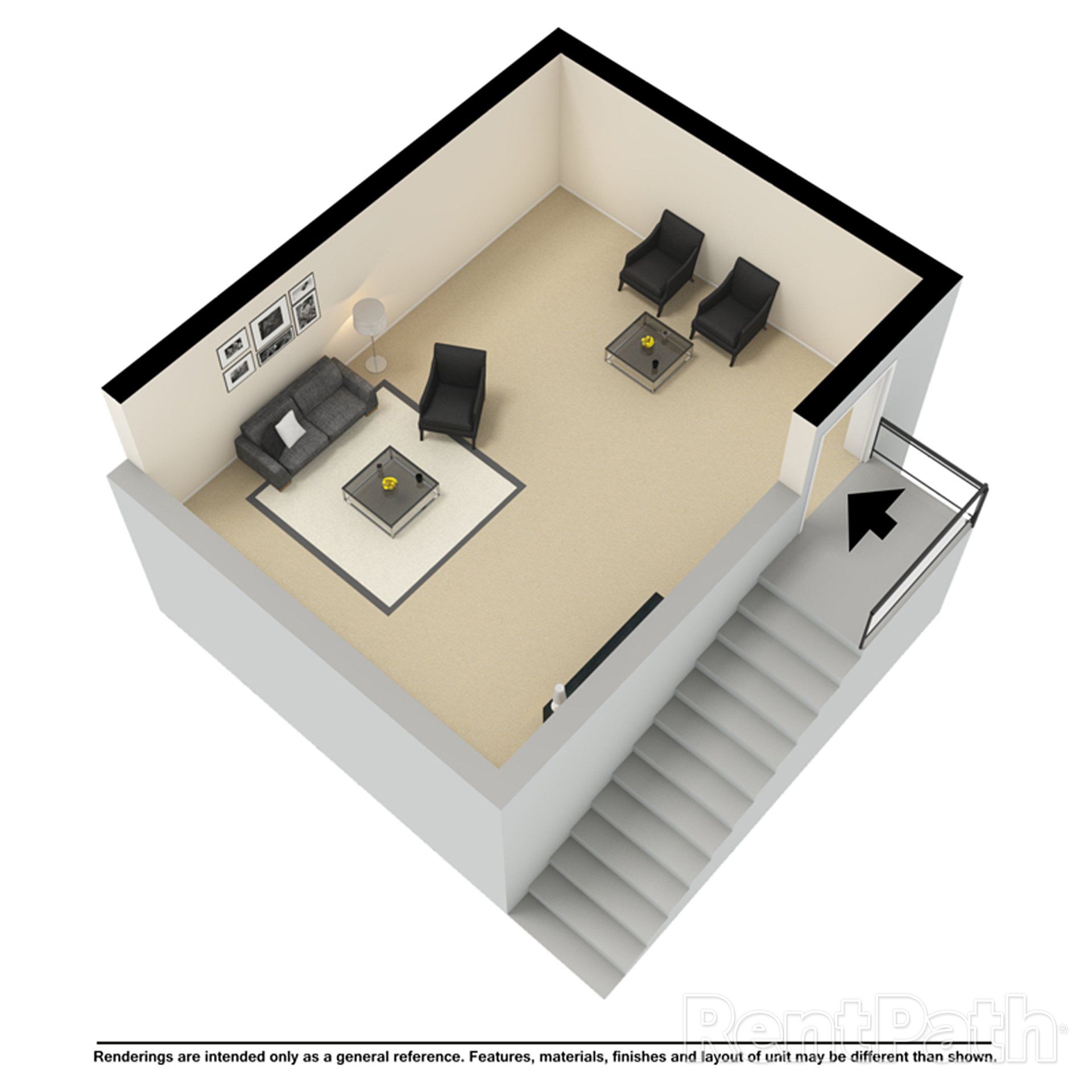 An aerial view of a living room with stairs