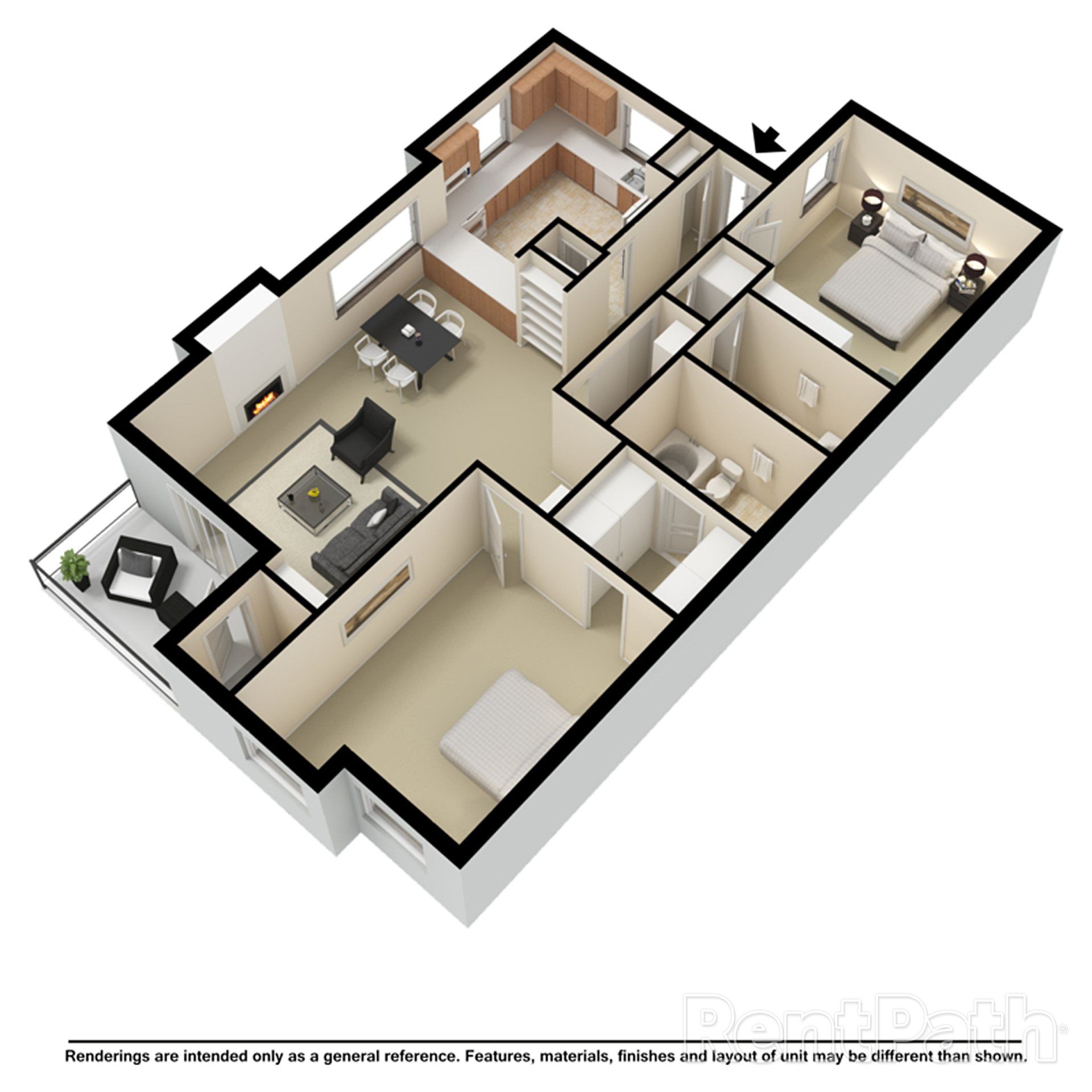 A 3d floor plan of a house with a balcony