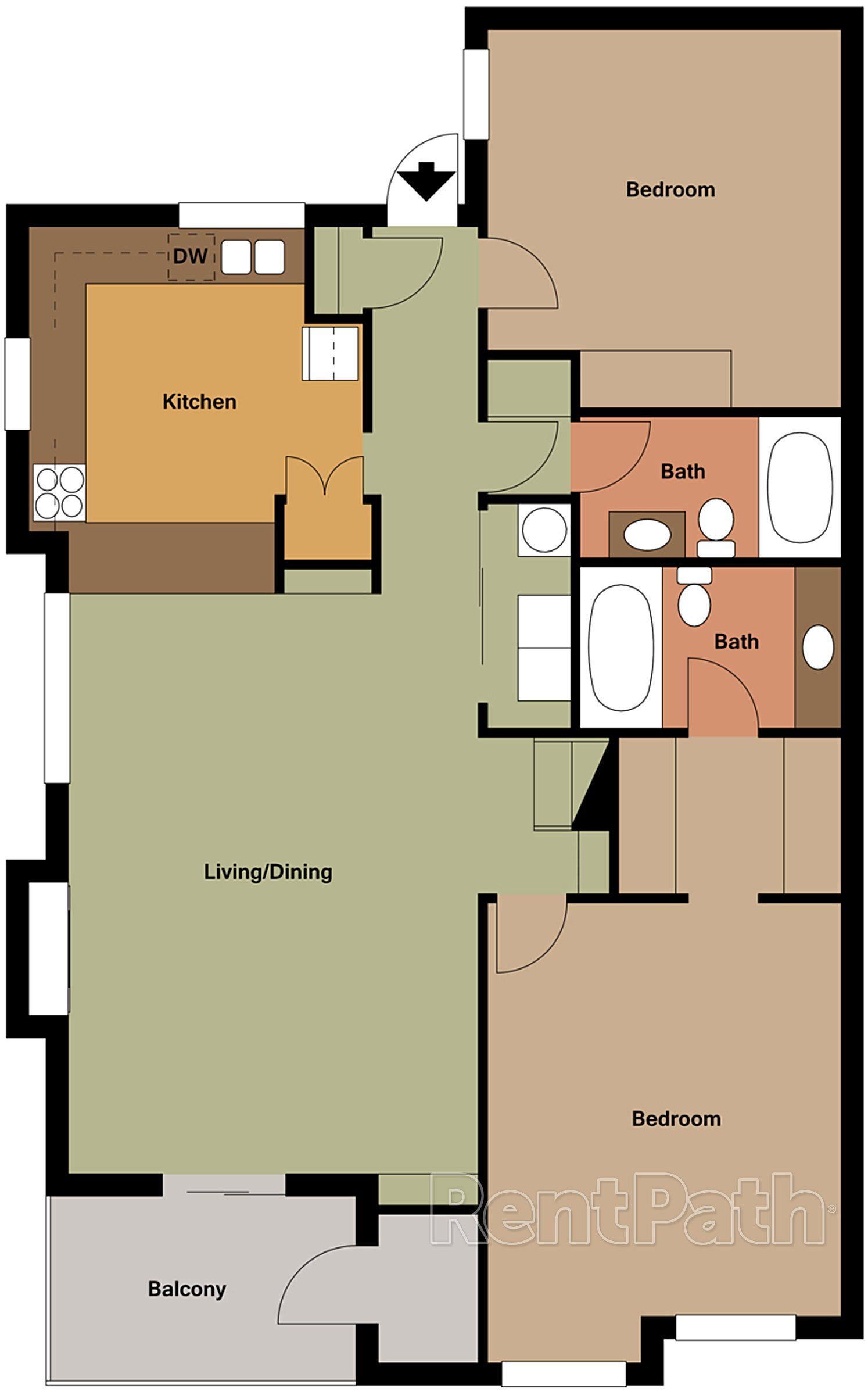 A floor plan of a house with two bedrooms and a bathroom