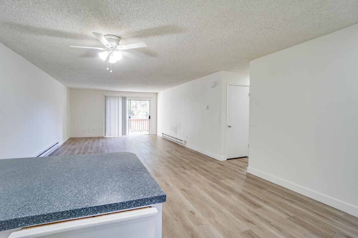 A living room with hardwood floors and a ceiling fan.