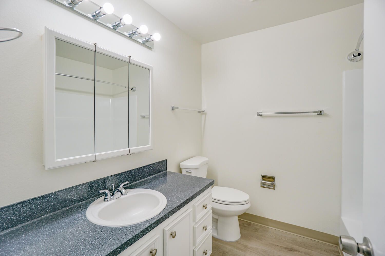 A bathroom with a sink , toilet and mirror.