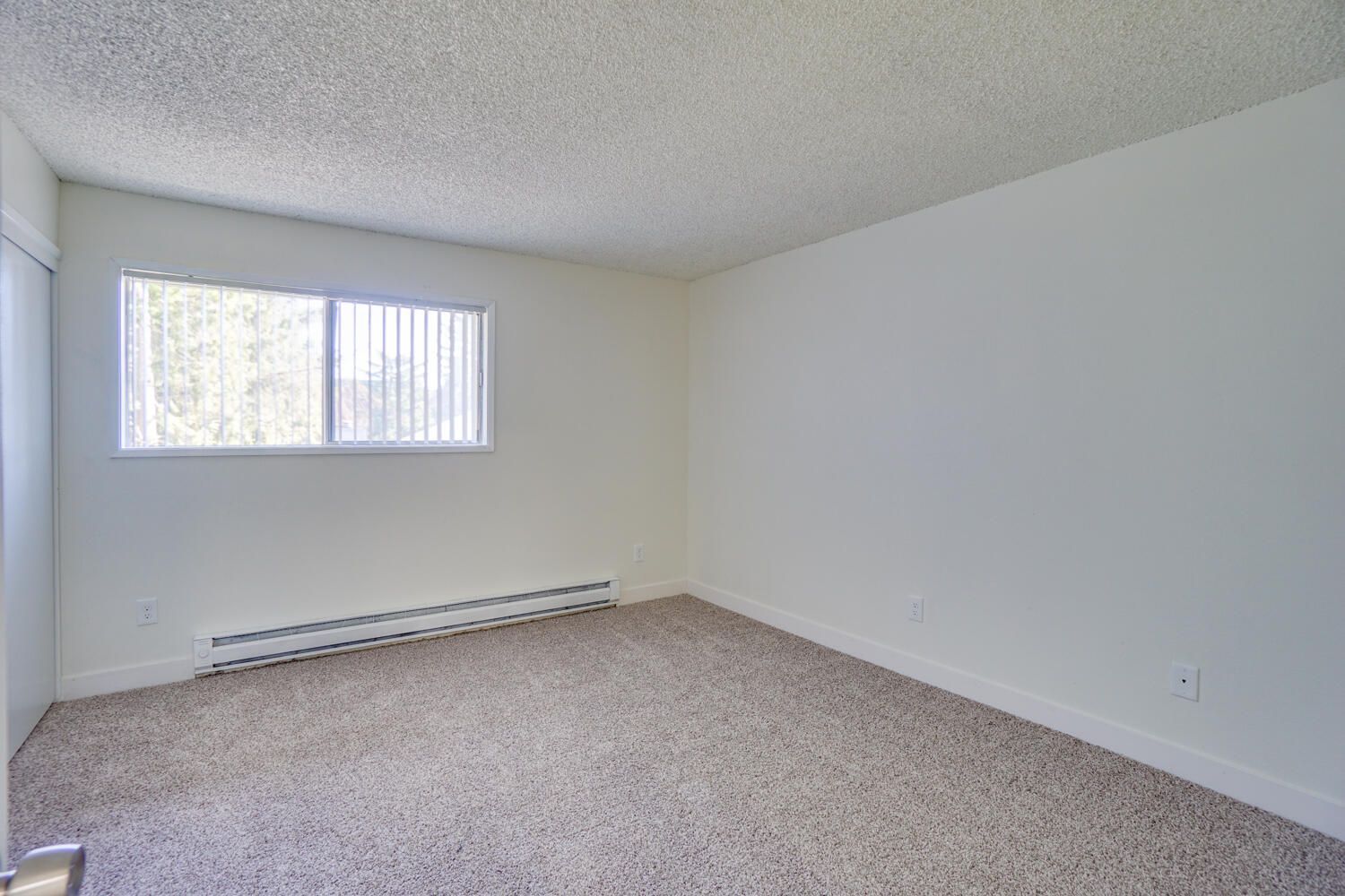 An empty room with a window and a carpeted floor.