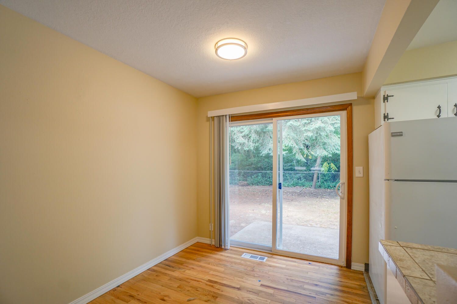 An empty room with a sliding glass door and a refrigerator.