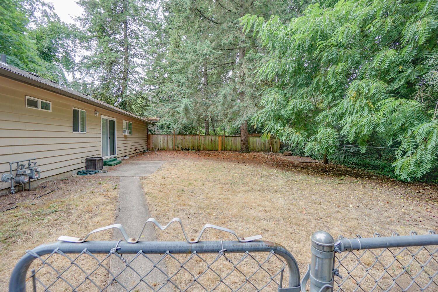 A backyard with a chain link fence and a house in the background.