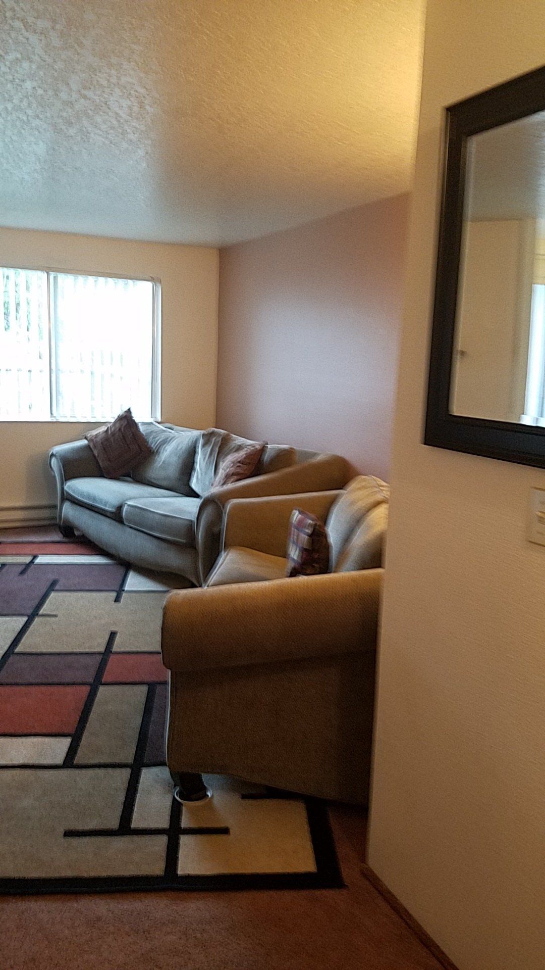 A living room with a couch , chairs , and a mirror.