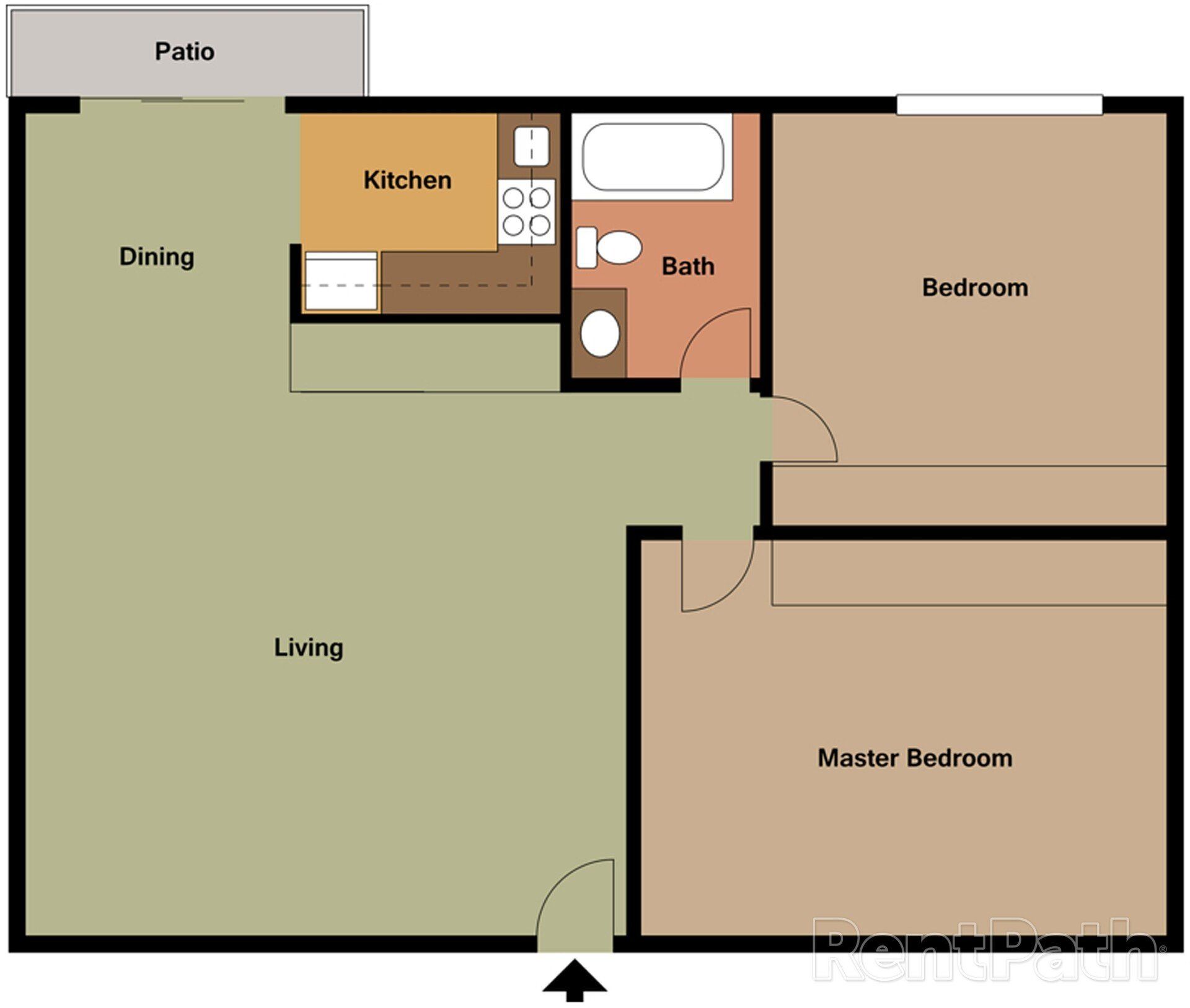 A floor plan of a house with a patio