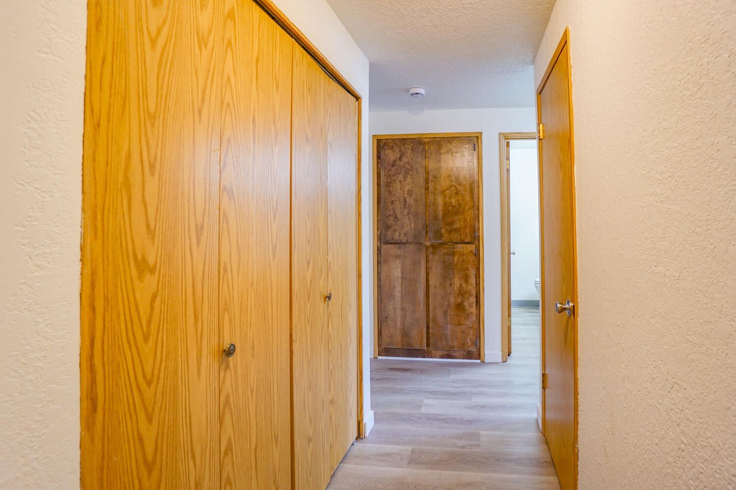 A hallway with wooden doors and a closet in a house.