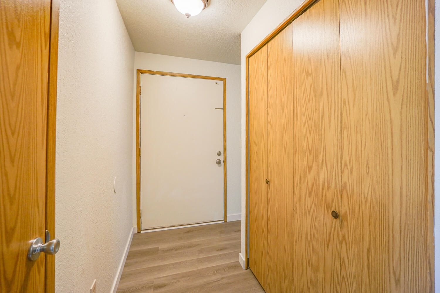 A hallway with a door and a closet in a house.