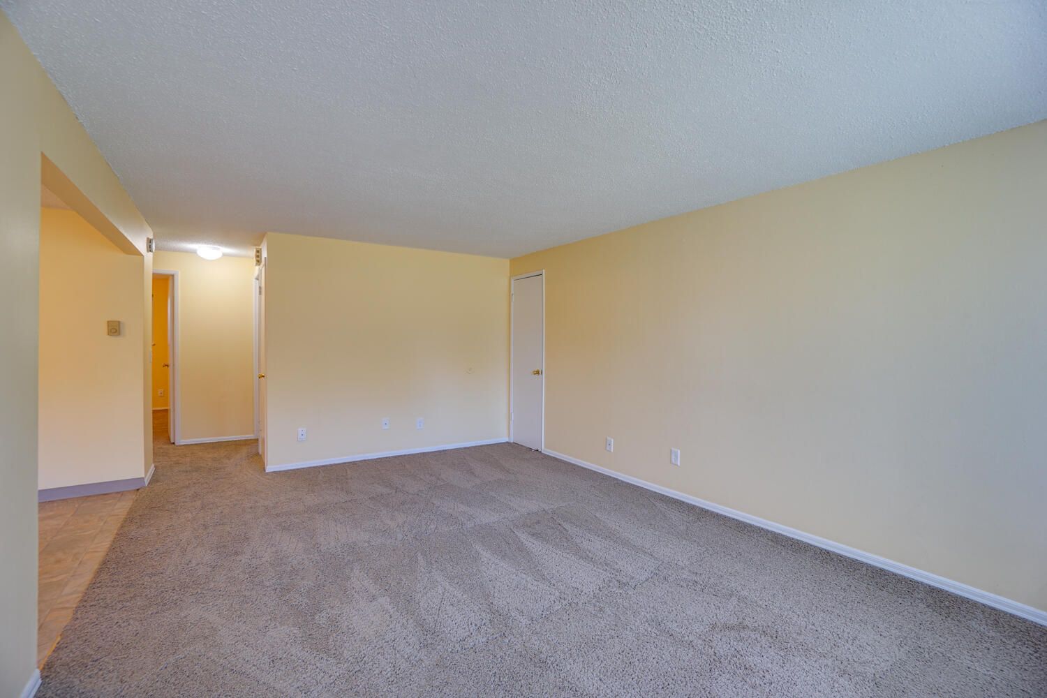 An empty living room with a carpeted floor and yellow walls.