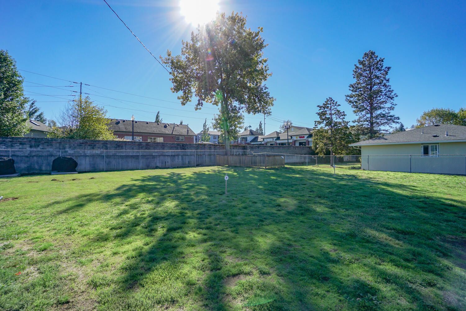 The sun is shining through the trees in the backyard of a house.