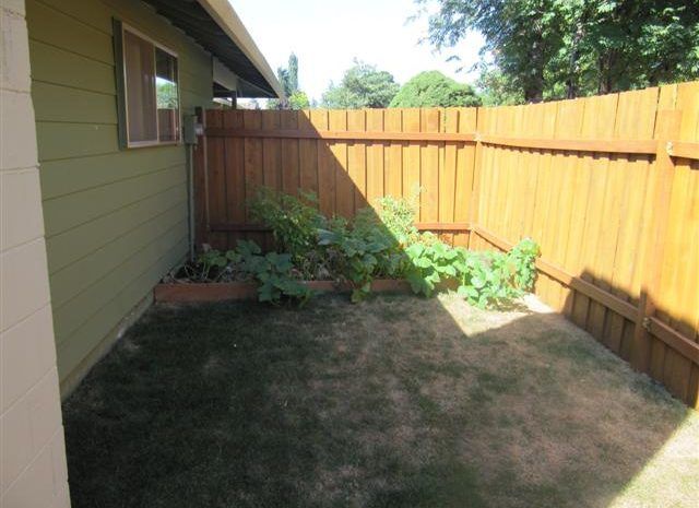 A backyard with a wooden fence and plants