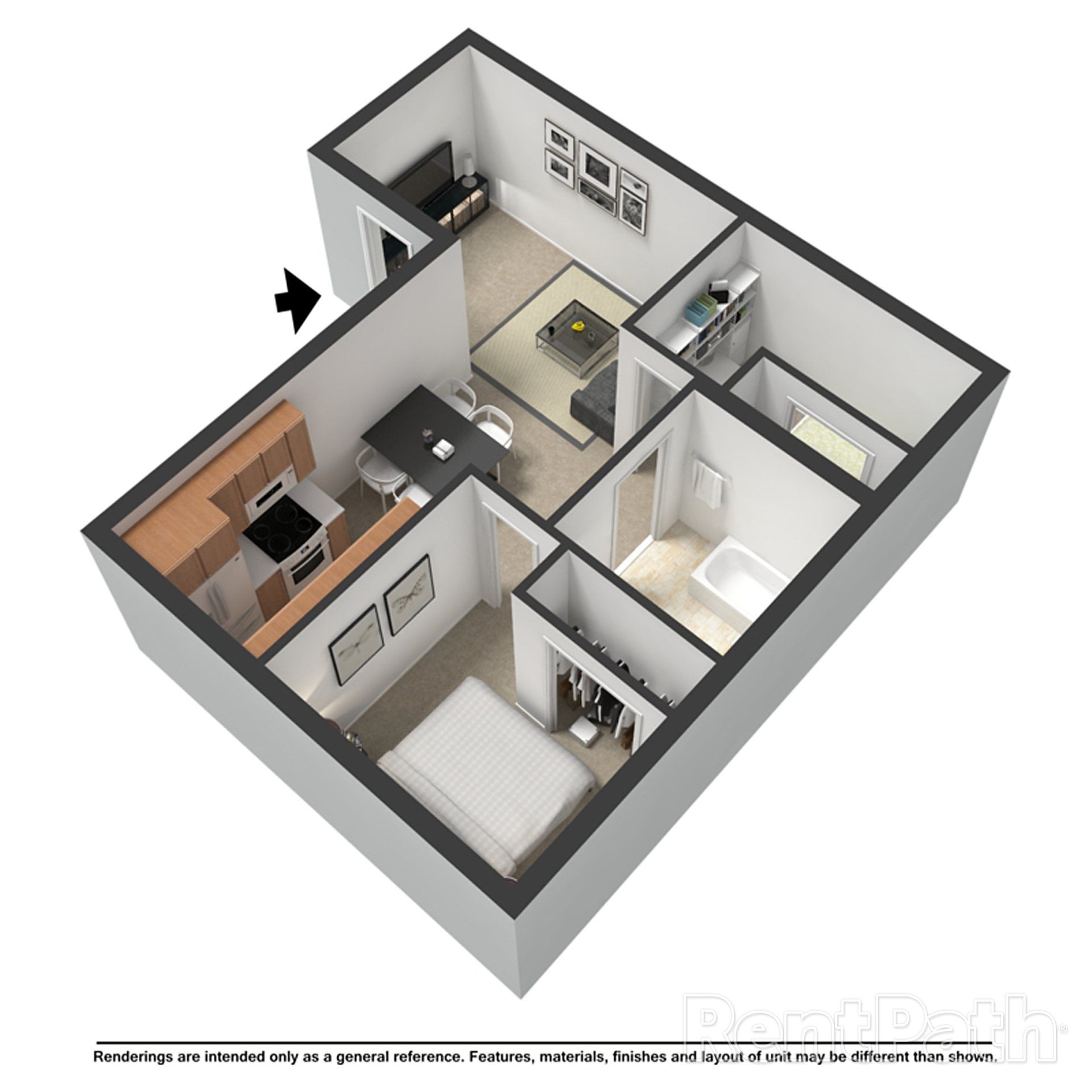 A 3d floor plan of a small apartment